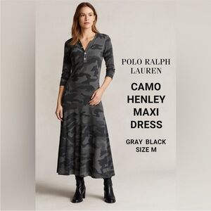 Polo by Ralph Lauren Waffle Knit Gray Long Sleeve V-Neck Maxi Dress Camo Henley